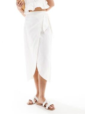 Mango wrap front linen skirt in white
